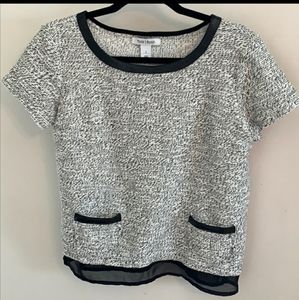 WHBM Tweed - Faux Leather Trim - Short Sleeve Top